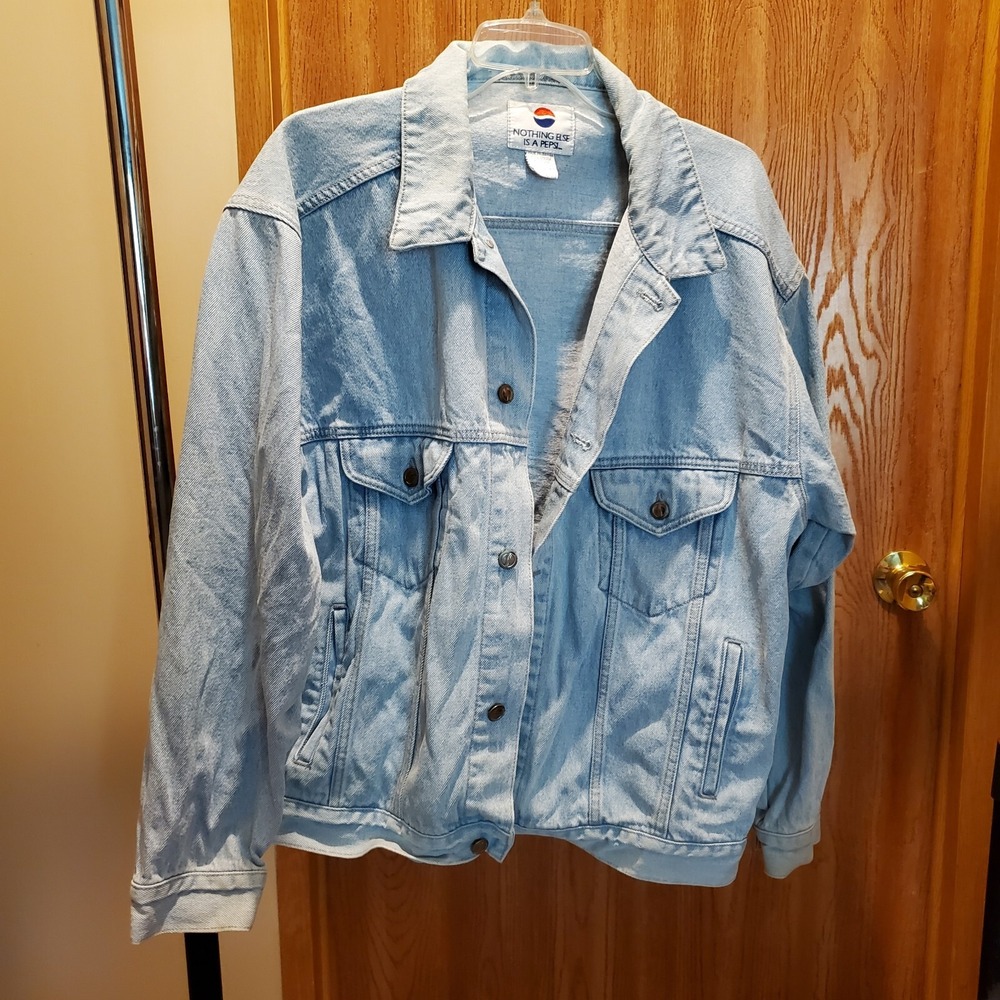 L Large jean jacket Pepsi Cola Light Blue Wash Mens Denim Vintage 4 front pocket